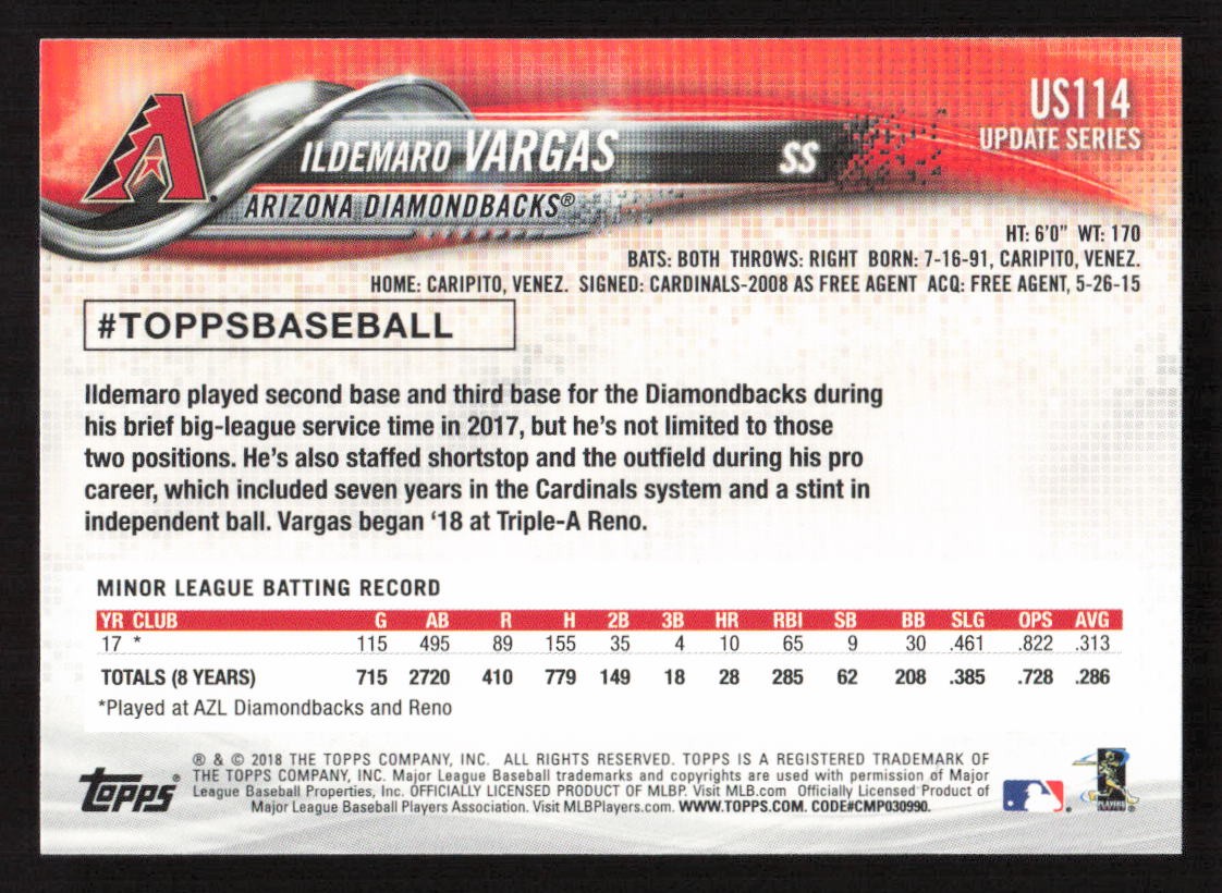 2018 Topps Update Ildemaro Vargas RC Rookie #US114 Card – Quantity!