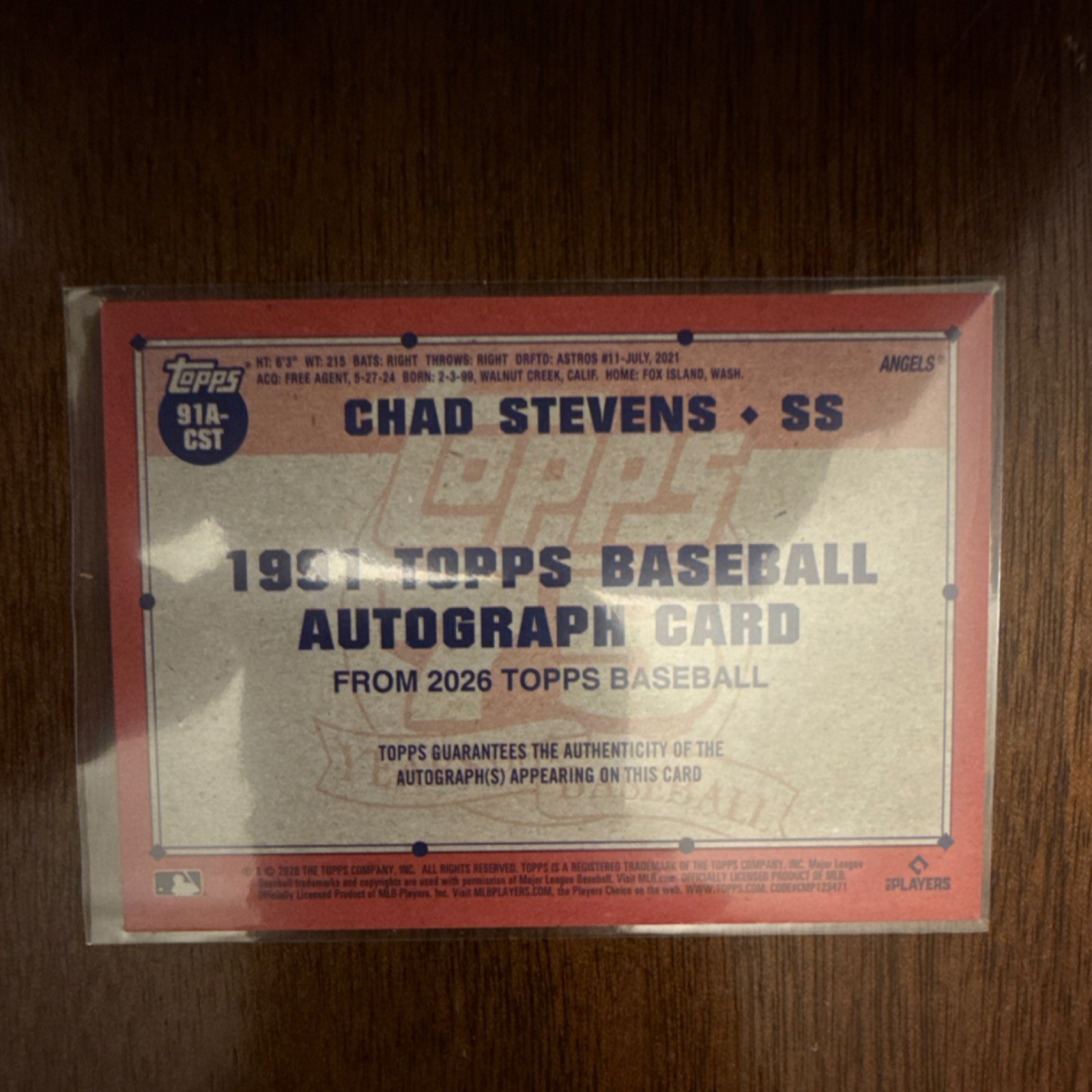Topps 2026 Series 1 Chad Stevens Rookie Autograph Angels 1991 Topps #91A-CST