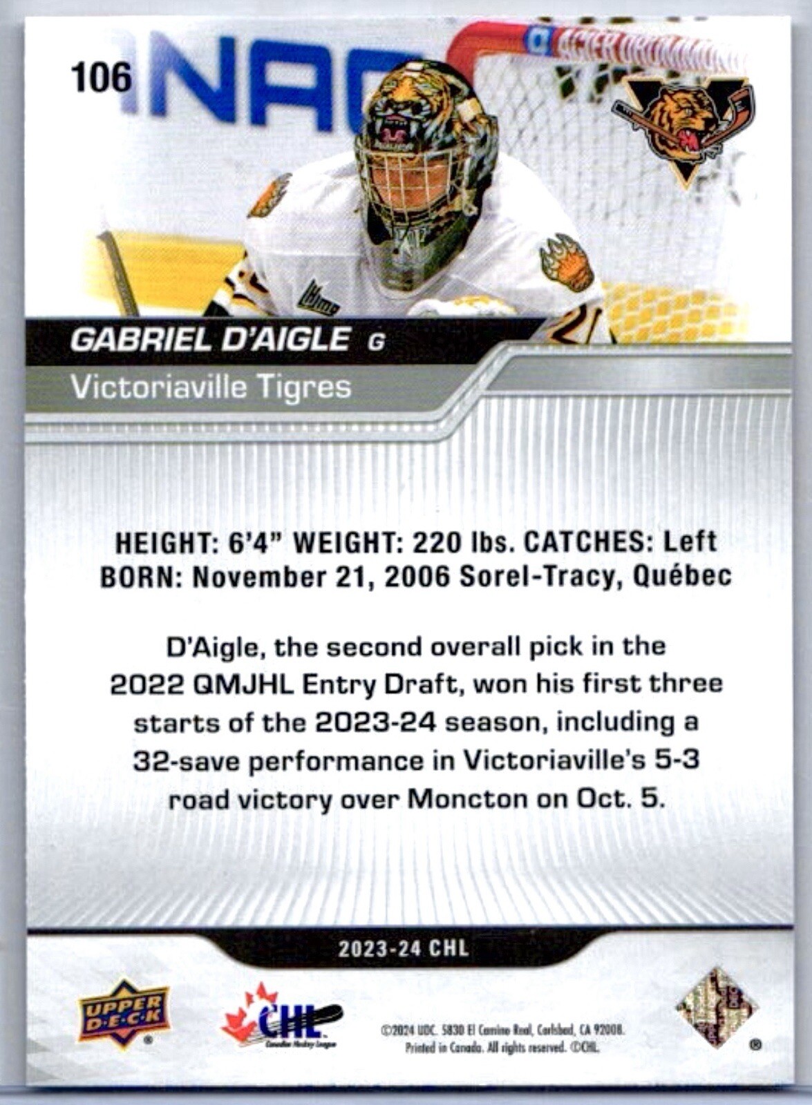 Gabriel D’Aigle Rookie 2023-24 Upper Deck CHL #106 (RC) 2025 Pittsburgh draft