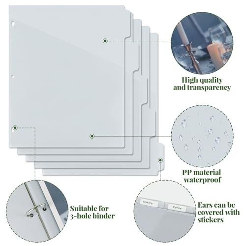 Binder Dividers with Pockets – 5 Plastic Dividers for 3 Ring Grey – 5 Tabs