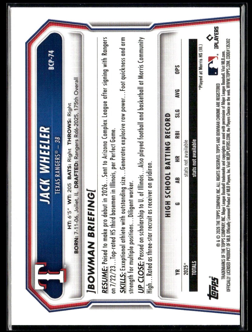 2026 Bowman #BCP-74 Jack Wheeler Sapphire