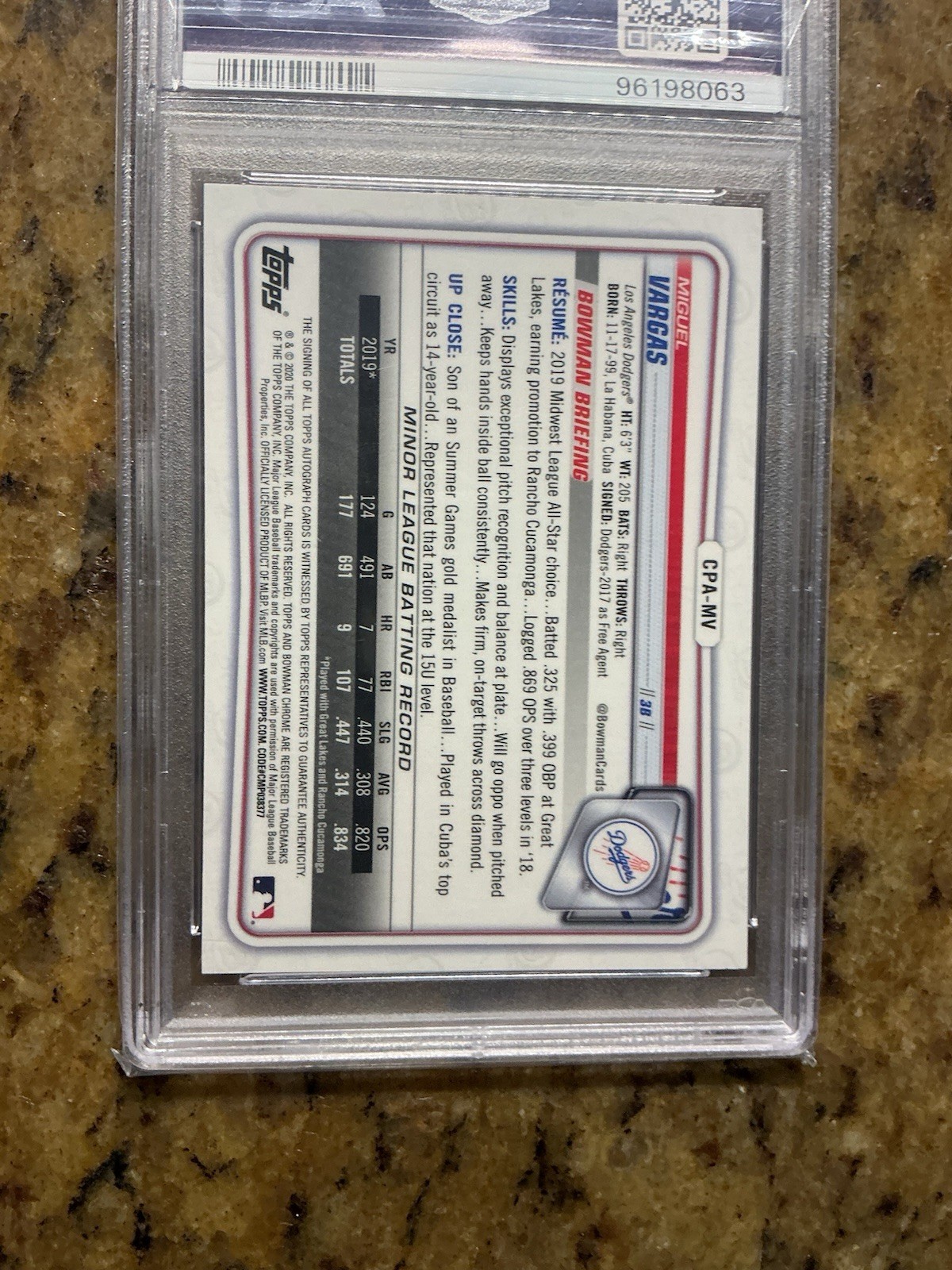 MIGUEL VARGAS 2020 Bowman Chrome Blue Refractor 1st ON CARD Auto #/150 PSA 9