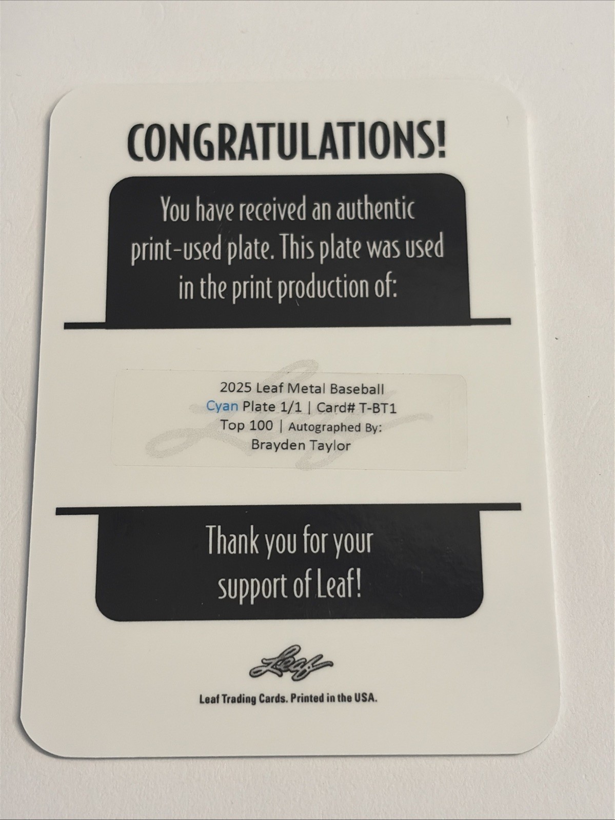2025 Leaf Metal Top 100 Brayden Taylor 1/1 Cyan Printing Plate Auto Rays