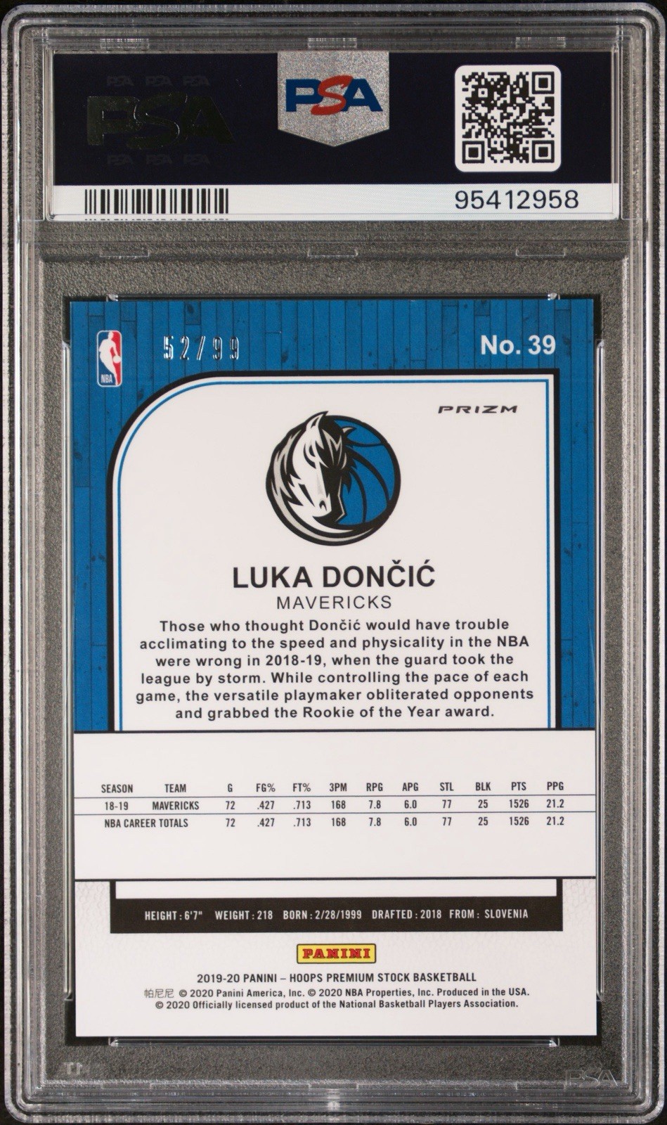 2019-20 Panini NBA Hoops Premium Stock – Luka Dončić Blue Laser Prizm /99 PSA 10