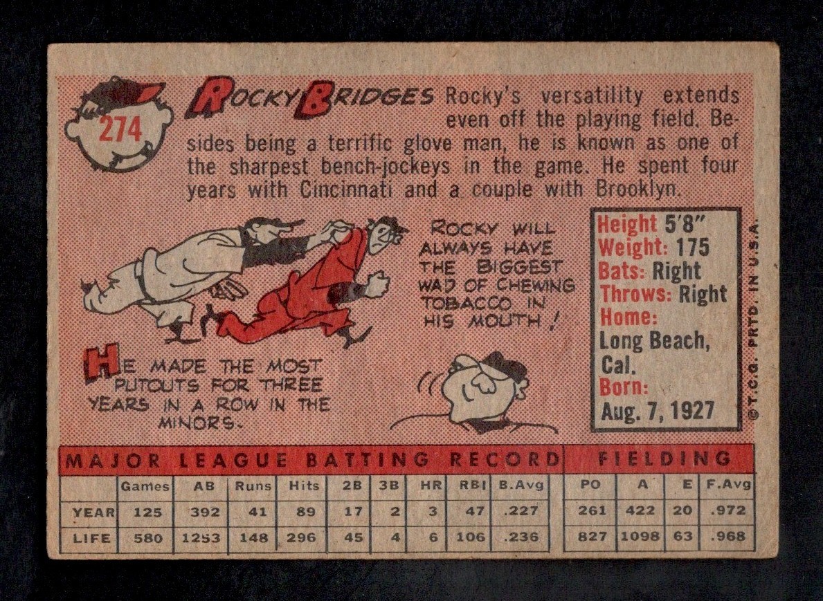 1958 Topps Baseball Card #274 Rocky Bridges Washington Senators VG-EX