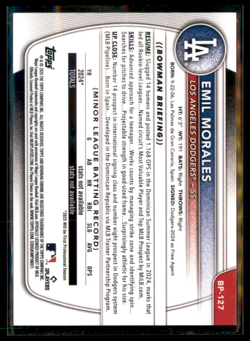 2025 Bowman Prospect Paper Emil Morales Los Angeles Dodgers #BP-127 5 Card Lot