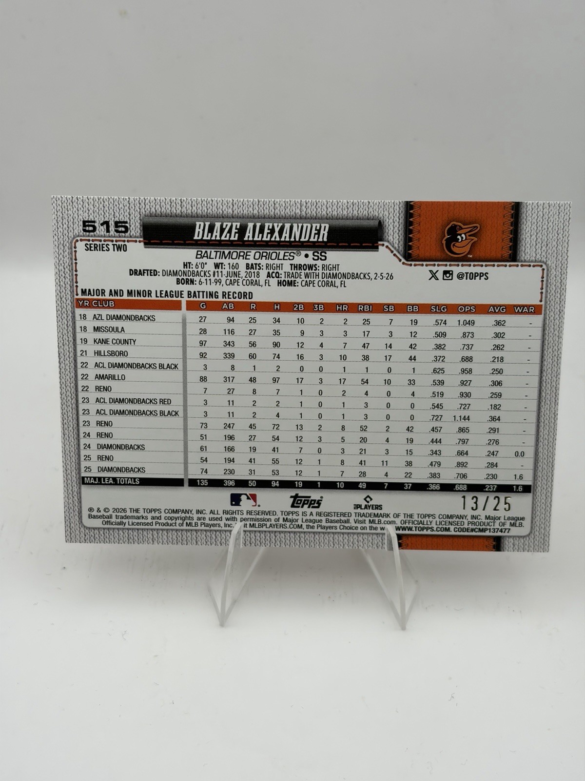2026 Topps Series 2 – Blaze Alexander #515 Orange Sandglitter /25
