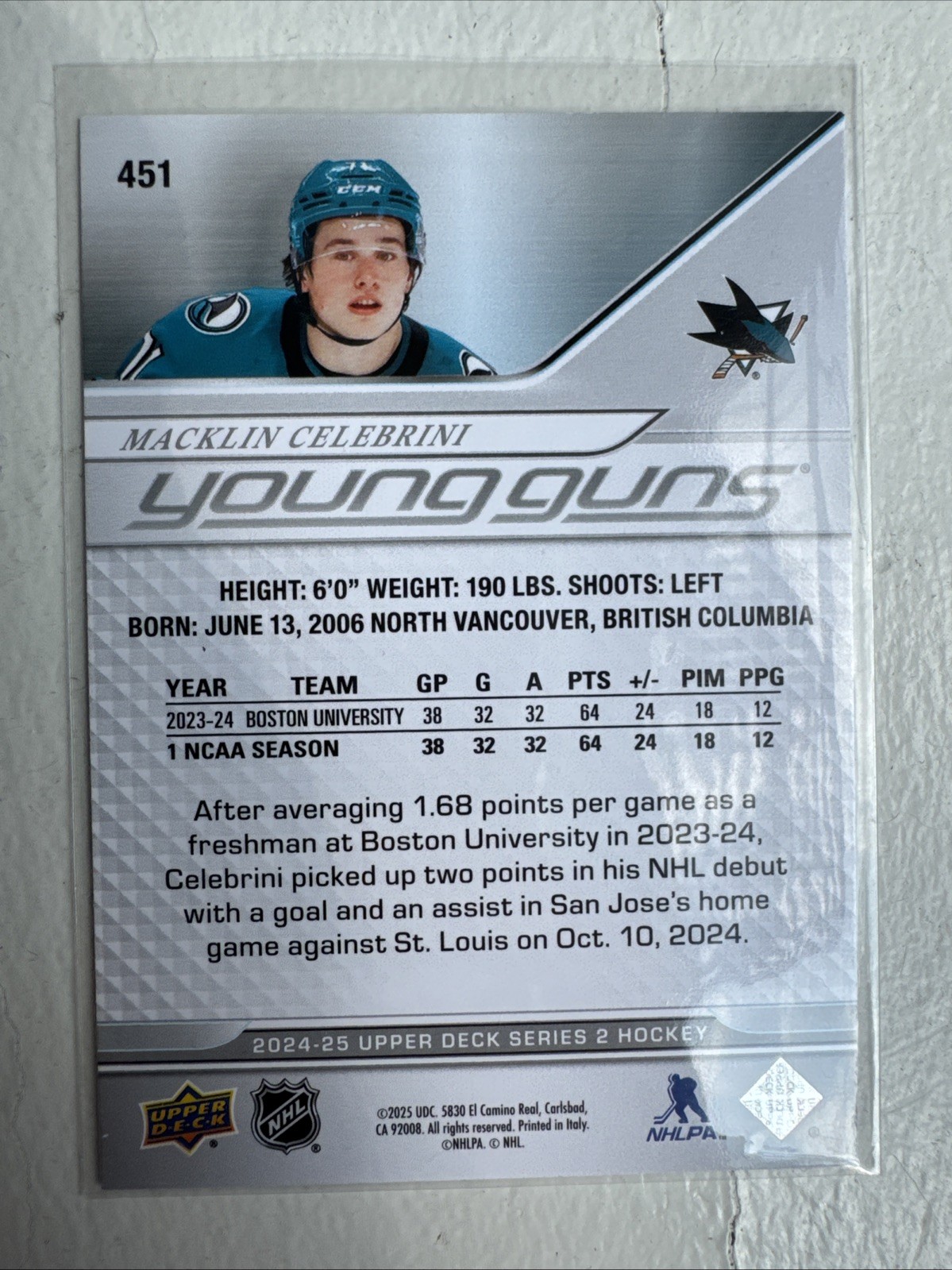 2024-25 Upper Deck Series 2 Young Guns #451 Macklin Celebrini