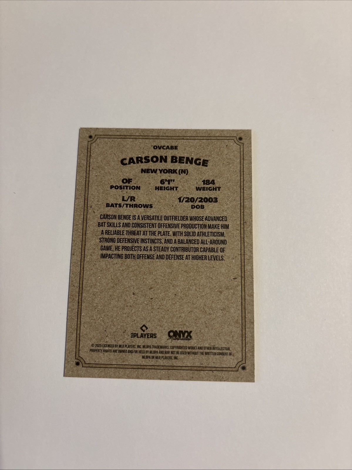 CARSON BENGE RC 2025 Onyx Vintage Extended #OVCABE ROOKIE Mets
