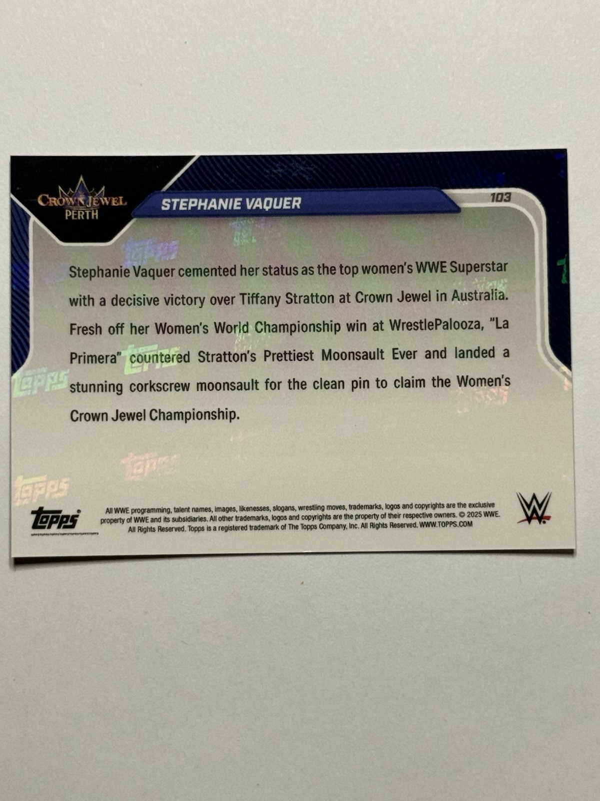 2025 Topps NOW WWE 103 STEPHANIE VAQUER CROWN JEWEL CHAMPION
