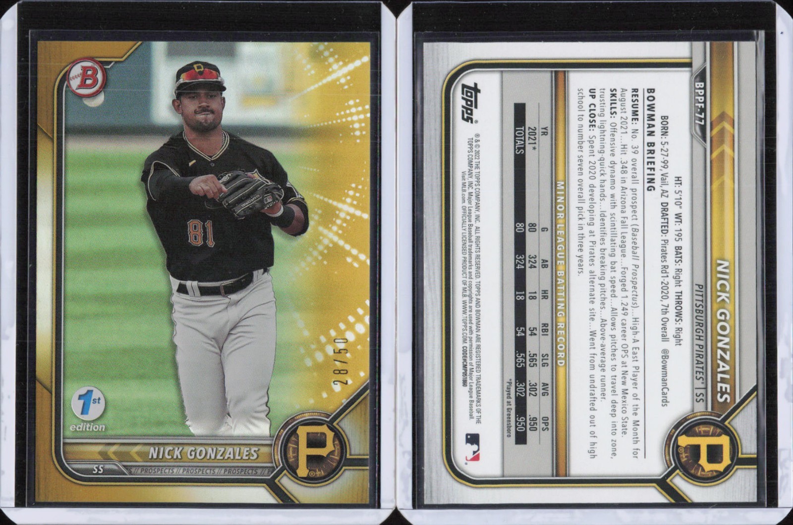 2022 Bowman 1st Edition Gold Foil #BPPF77 Nick Gonzales Pittsburgh Pirates 28/50