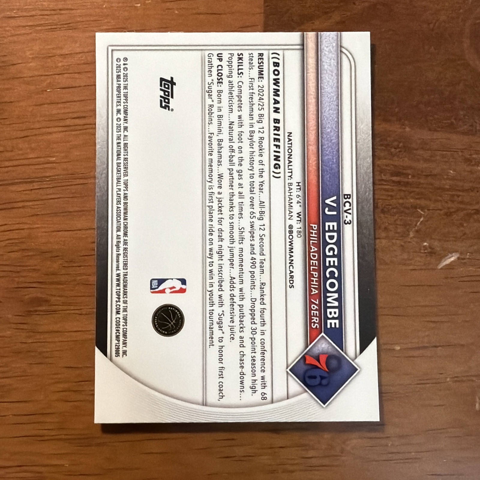 2025-26 Bowman Chrome VJ Edgecombe RC Mojo Refractor Rookie BCV-3 Philly 76ers