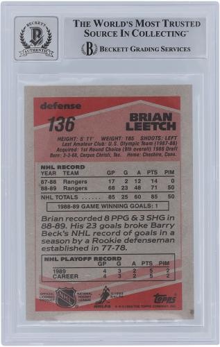 Brian Leetch Rangers Signed 1989-90 Topps #136 BAS 10 Rookie Card w/HOF 09 Insc