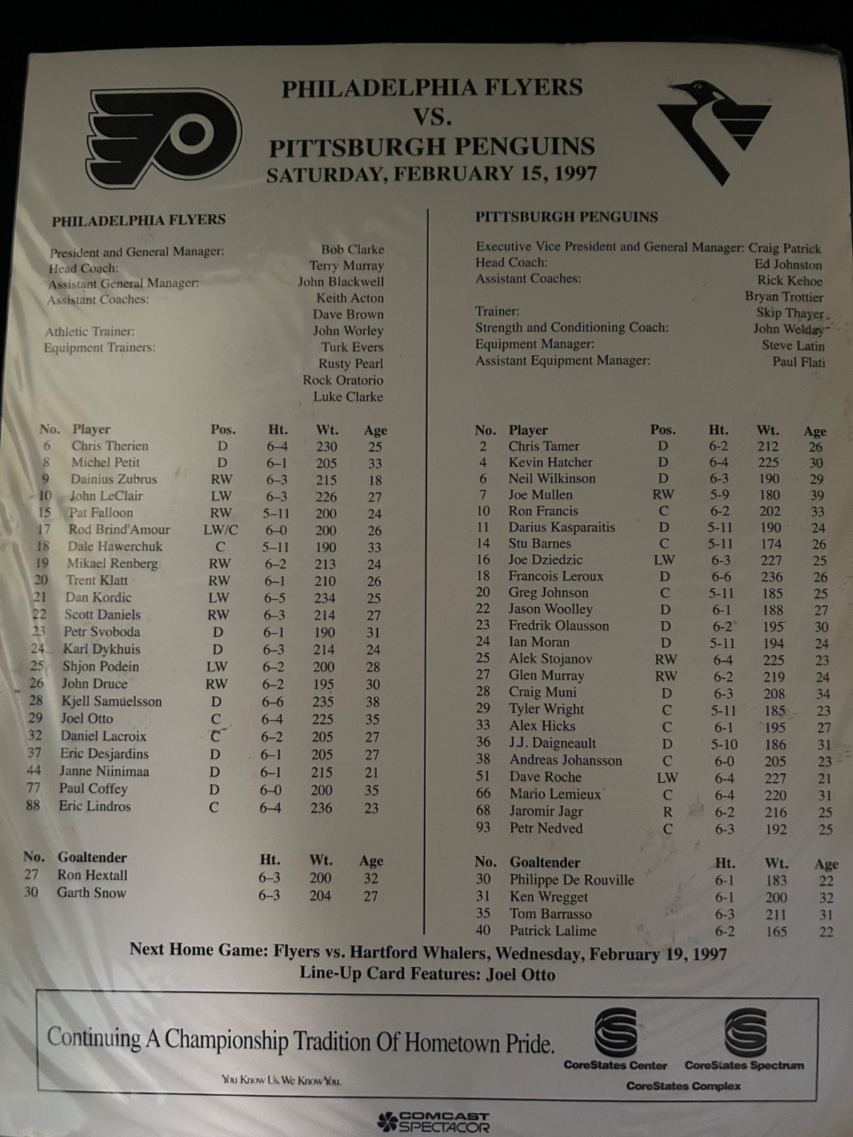 Philadelphia Flyers Eric Lindros Puck, Wall Calendar, Autographs Desjardins..