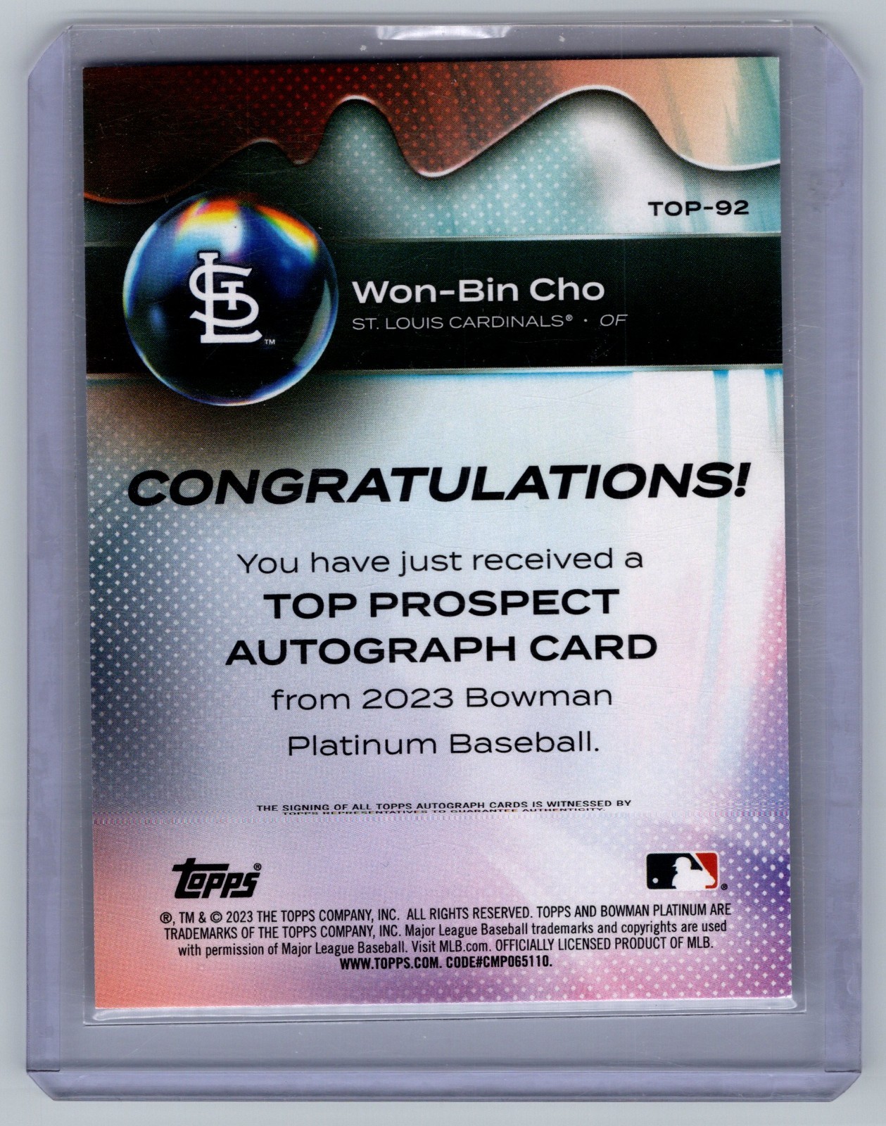 2023 Bowman Platinum Top Prospects Won-Bin Cho #TOP-92 Auto (AU, RC) /150
