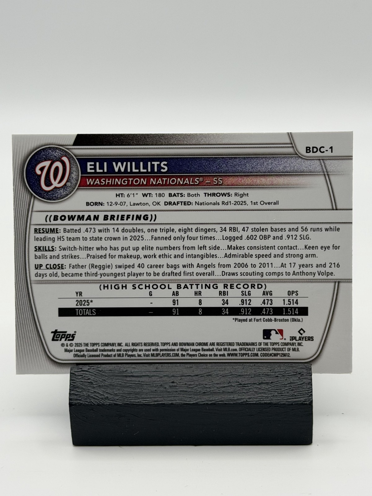 2025 Bowman Draft #BDC-1 Eli Willits Chrome Green Reptilian Refractor #/99