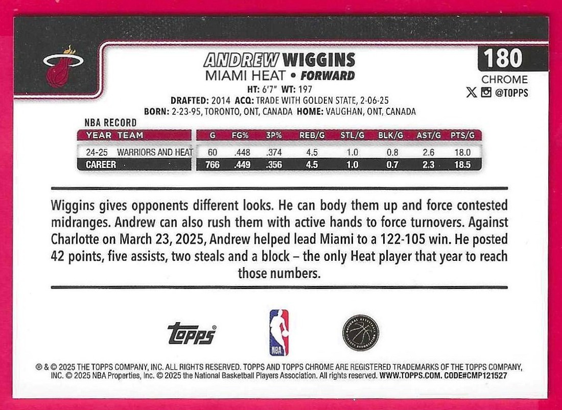 2025-26 Topps Chrome Andrew Wiggins 2/5 Red Basketball refractor #180 Miami Heat