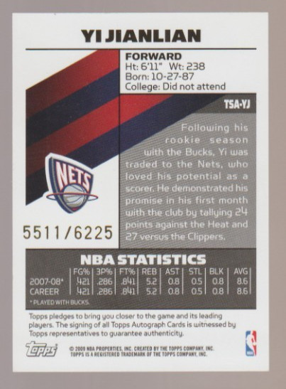 YI JIANLIAN 2008-09 Topps Signature Autograph TSA-YJ SP AUTO /6225 QTY Available