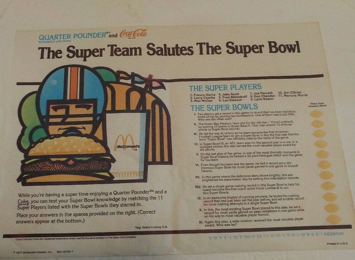 McDonalds NFL Superbowl Paper Placemat 10x14in vintage tray liner 1977