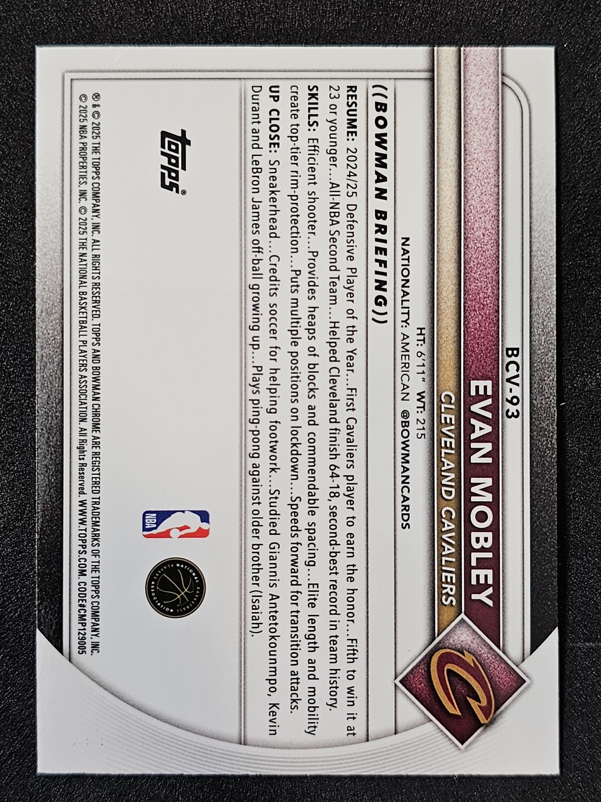 2025-26 Bowman #BCV-93 Evan Mobley Chrome Navy Mojo Refractor #/175