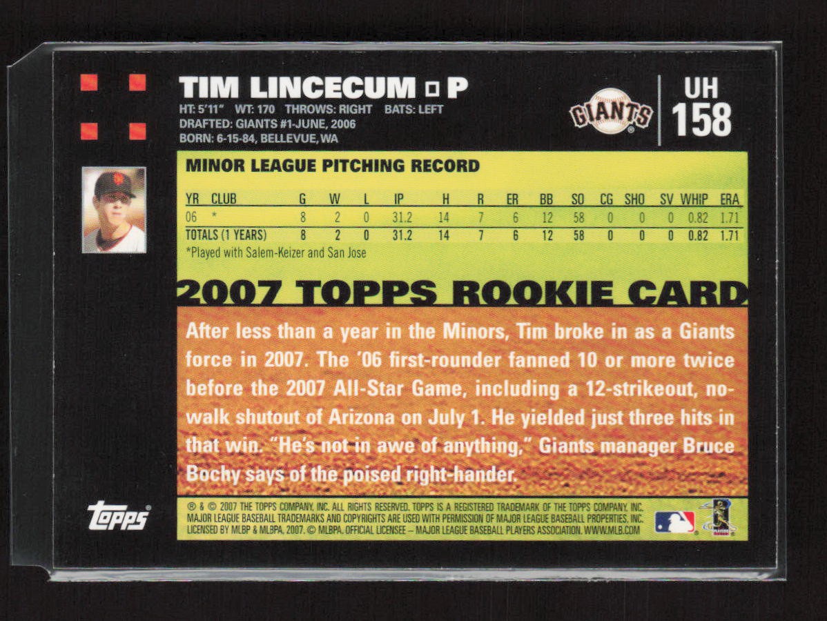 2007 Topps Updates & Highlights #UH158 Tim Lincecum San Francisco Giants Rookie