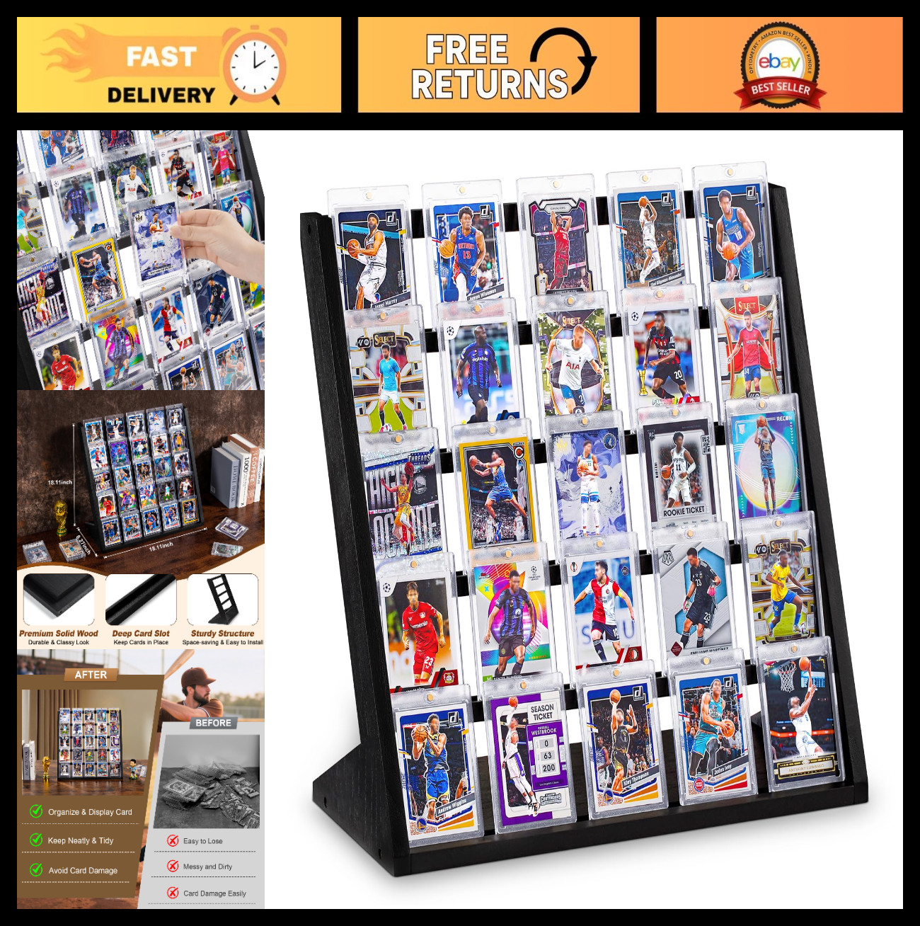 5-Tier Wooden Trading Card Display Stand for Sports Cards Collection & Showcase