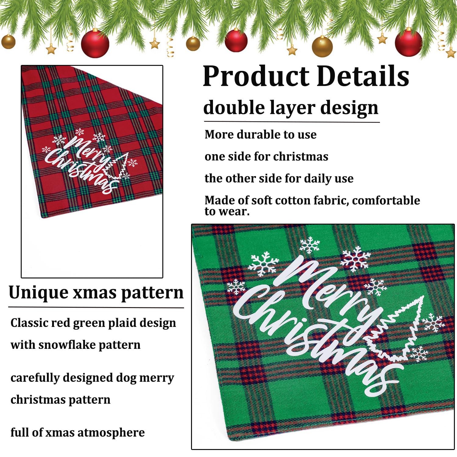 Christmas Dog Bandana 2 Pack, Classic Plaid Scarf Large, Merry