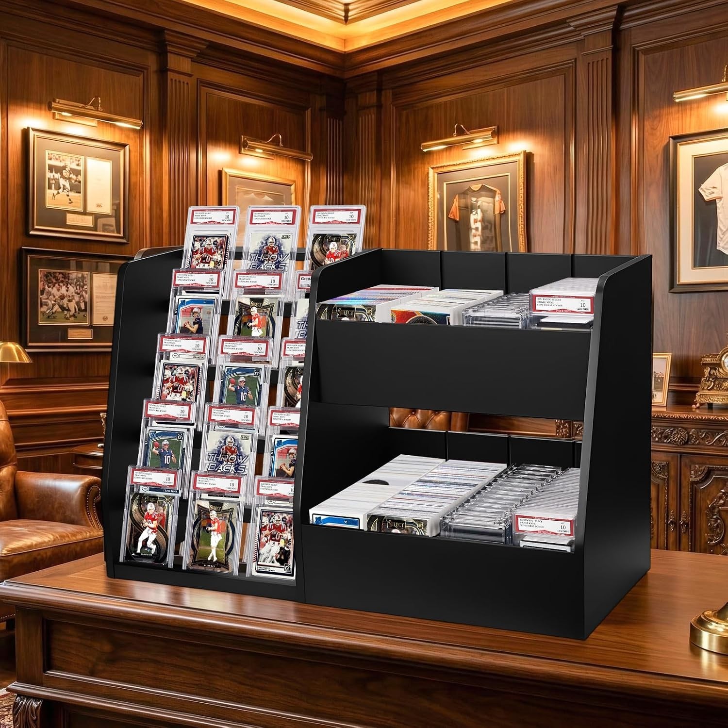 NEW 5 Tier Trading Card Display Case Stand Holds 200 Cards Wood Card Holder