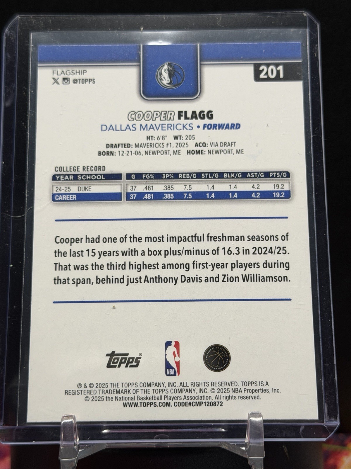 🔥2025-26 Topps Basketball Pink Holo Foil Cooper Flagg RC #201 -Dallas Mavericks