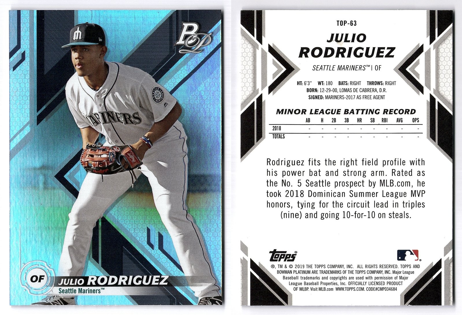 2019 Bowman Platinum #TOP-63 Julio Rodriguez Top Prospects Seattle Mariners XRC