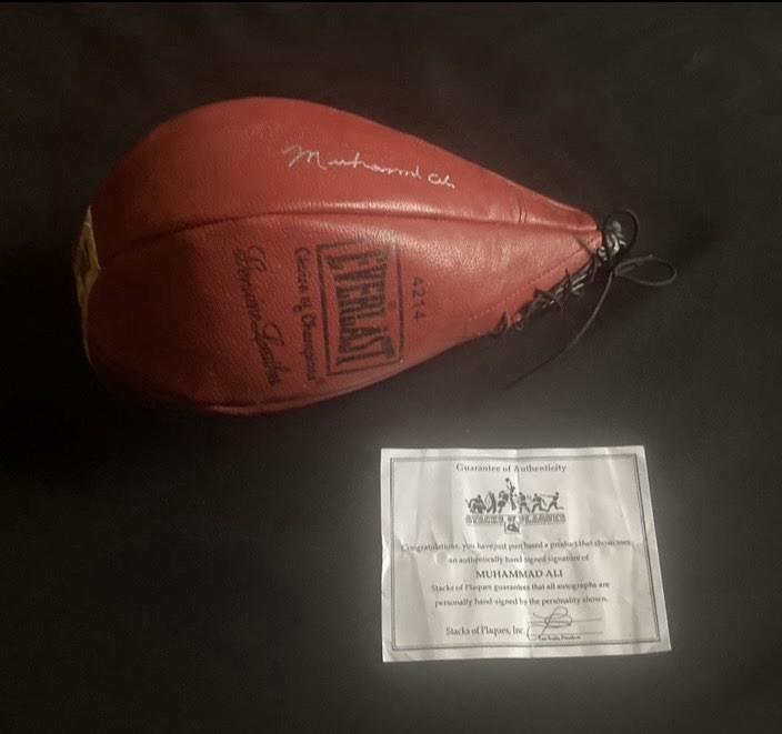 Muhammad Ali Rare Signed Authentic ￼ Boxing Speed Bag, Stacks Of Plaques Coa!