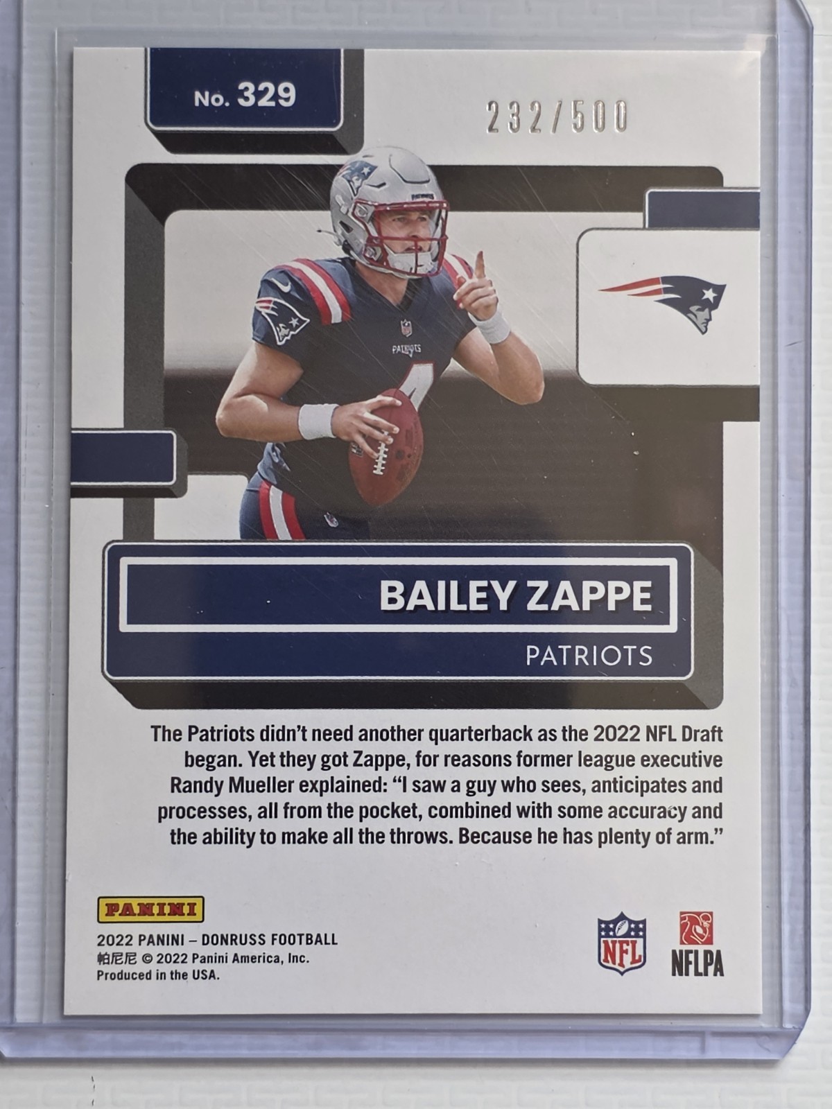 2022 Donruss Football Bailey Zappe Rated Rookie Purple 232/500 NE Patriots