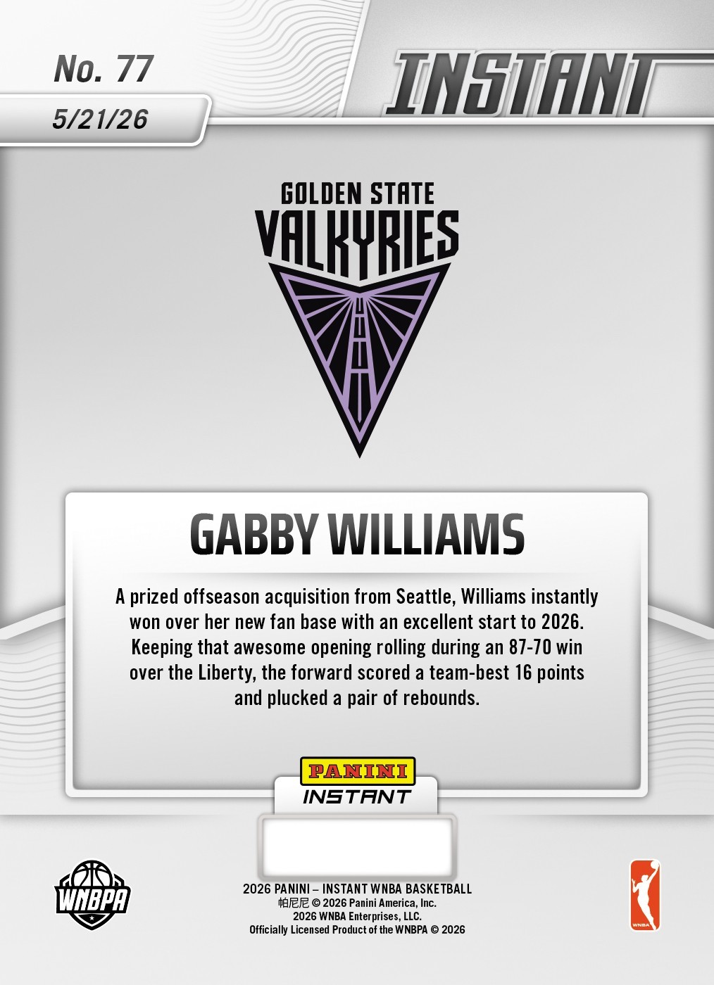 *PRESALE* 2026 Panini Instant WNBA Gabby Williams #77 ~ Golden State Valkyries