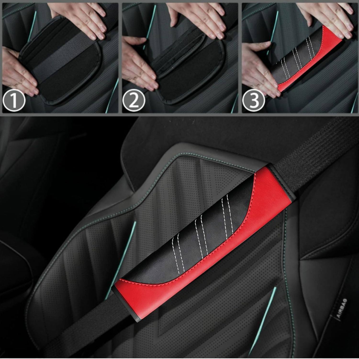 Car Steering Wheel Cover Seat Belt Pads Armrest Pad Cup Holder Mats Red Black