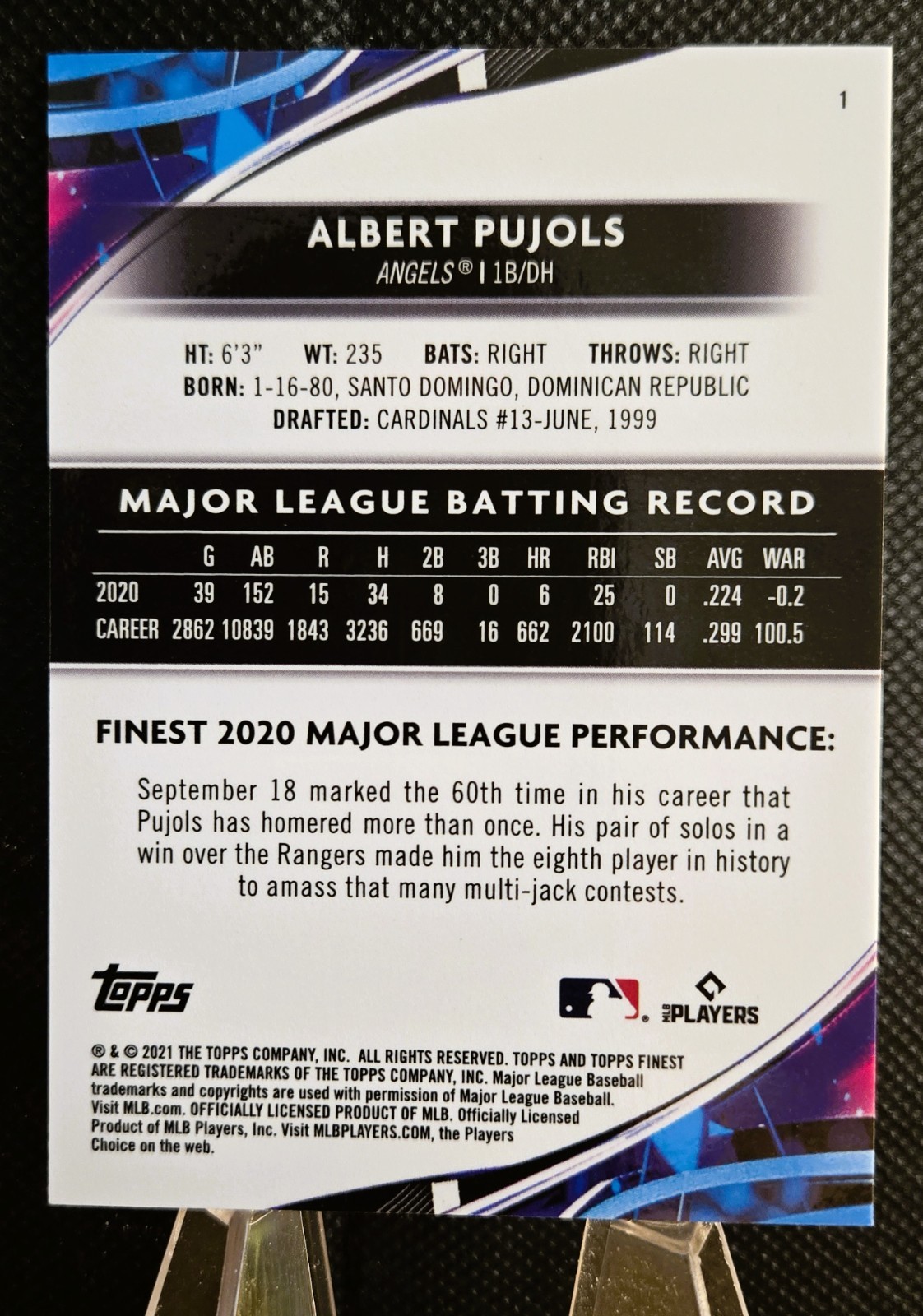 2021 Topps Finest Albert Pujols Purple Pink Vapor Refractor #’d 2/3 Rare!