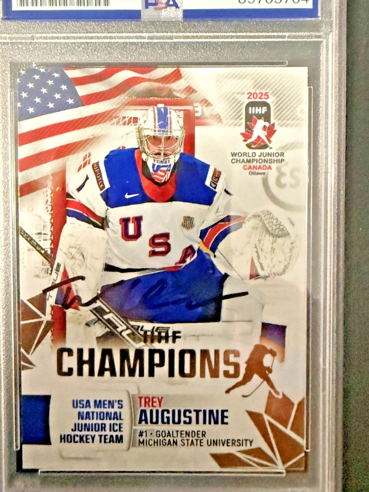 Trey Augustine Michigan State signed 2025 USA WJC hockey card Red Wings PSA#