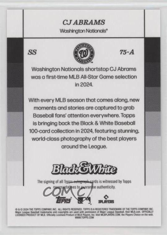2024 Topps Black & White Yellow Auto 3/75 CJ Abrams #75-A Auto 0e4z