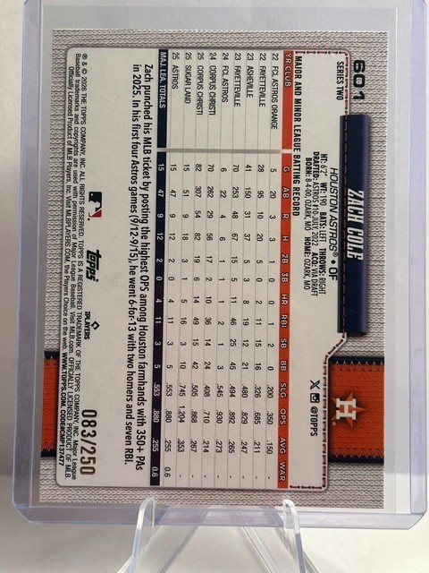 2026 Topps Series 2 Zach Cole #601 Purple Holo Astros RC /250
