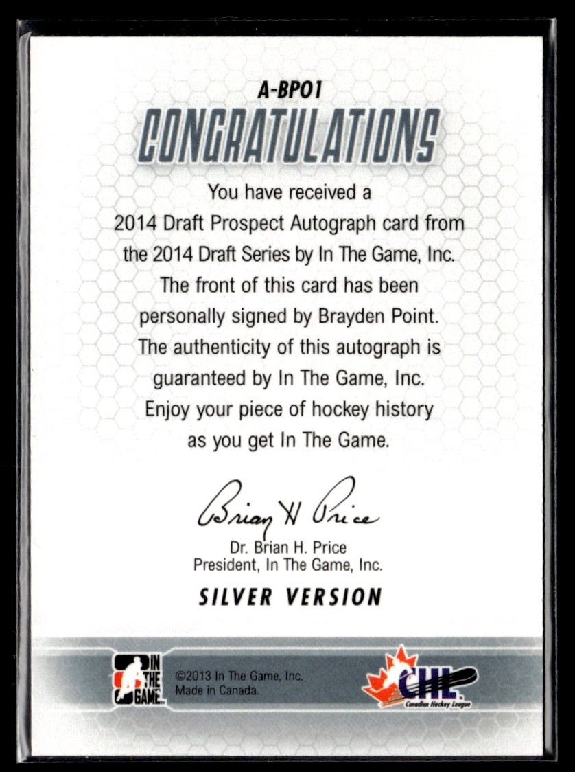 2014-15 In The Game Draft Series Silver Brayden Point Auto NNO #A-BPO1