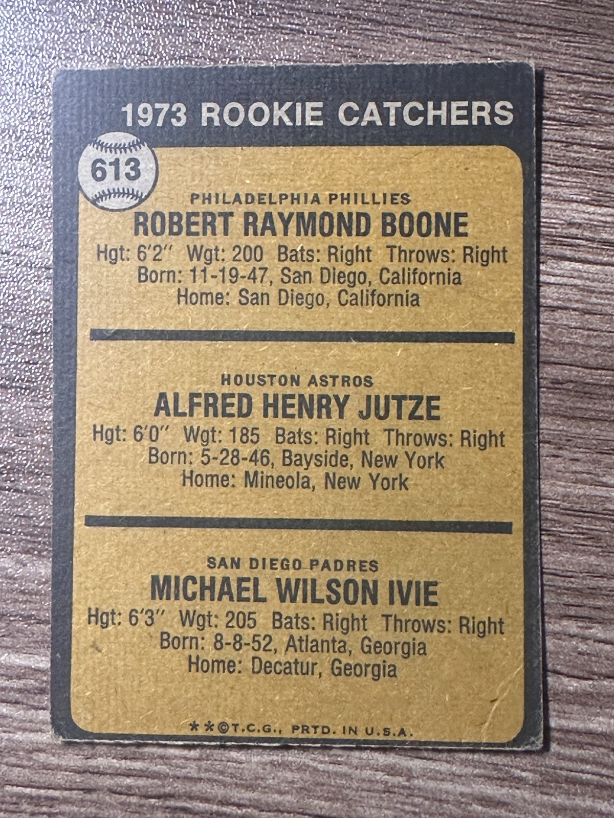 1973 Topps – High Number Bob Boone, Mike Ivie, Skip Jutze #613 (RC)