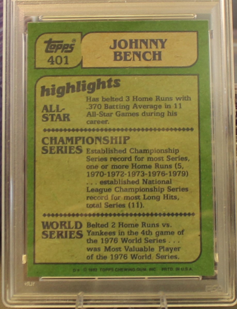 1982 TOPPS BASEBALL #401 JOHNNY BENCH – IN ACTION – PSA GRADED EX-MT 6