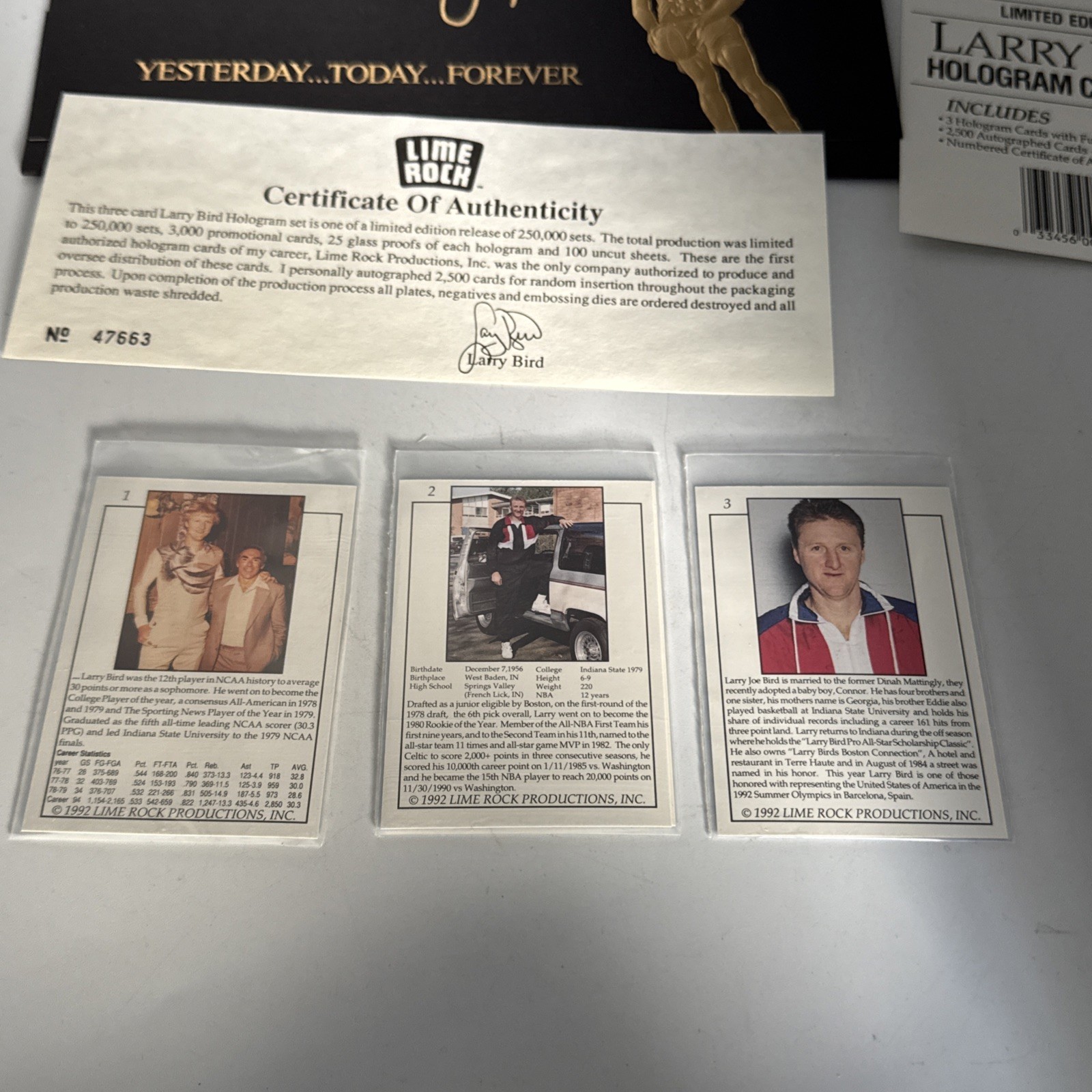 1992 Limited Edition Larry Bird Hologram 3 Card Set by Lime Rock With COA