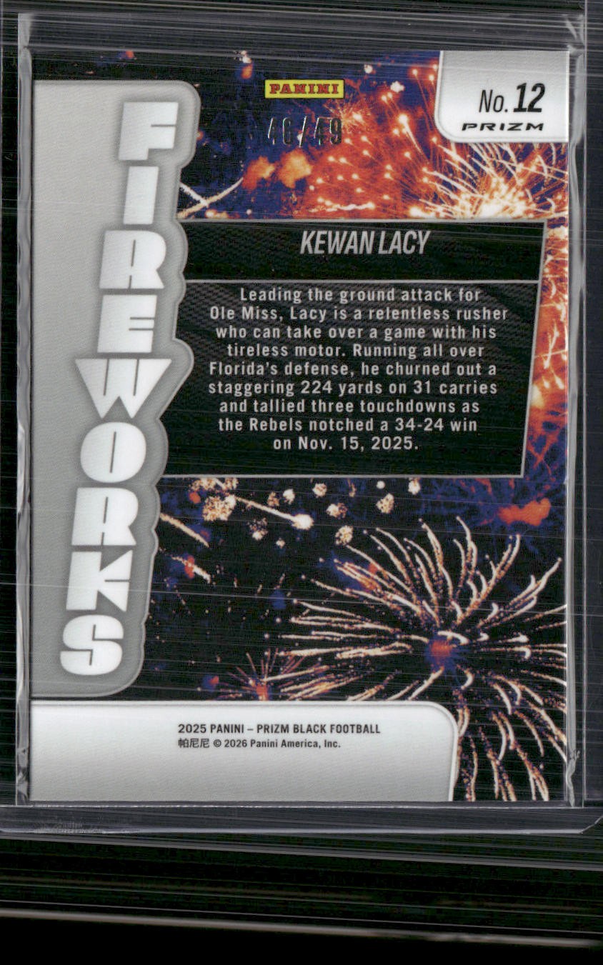 2025 Panini Prizm Black #12 Kewan Lacy Fireworks Orange #/49
