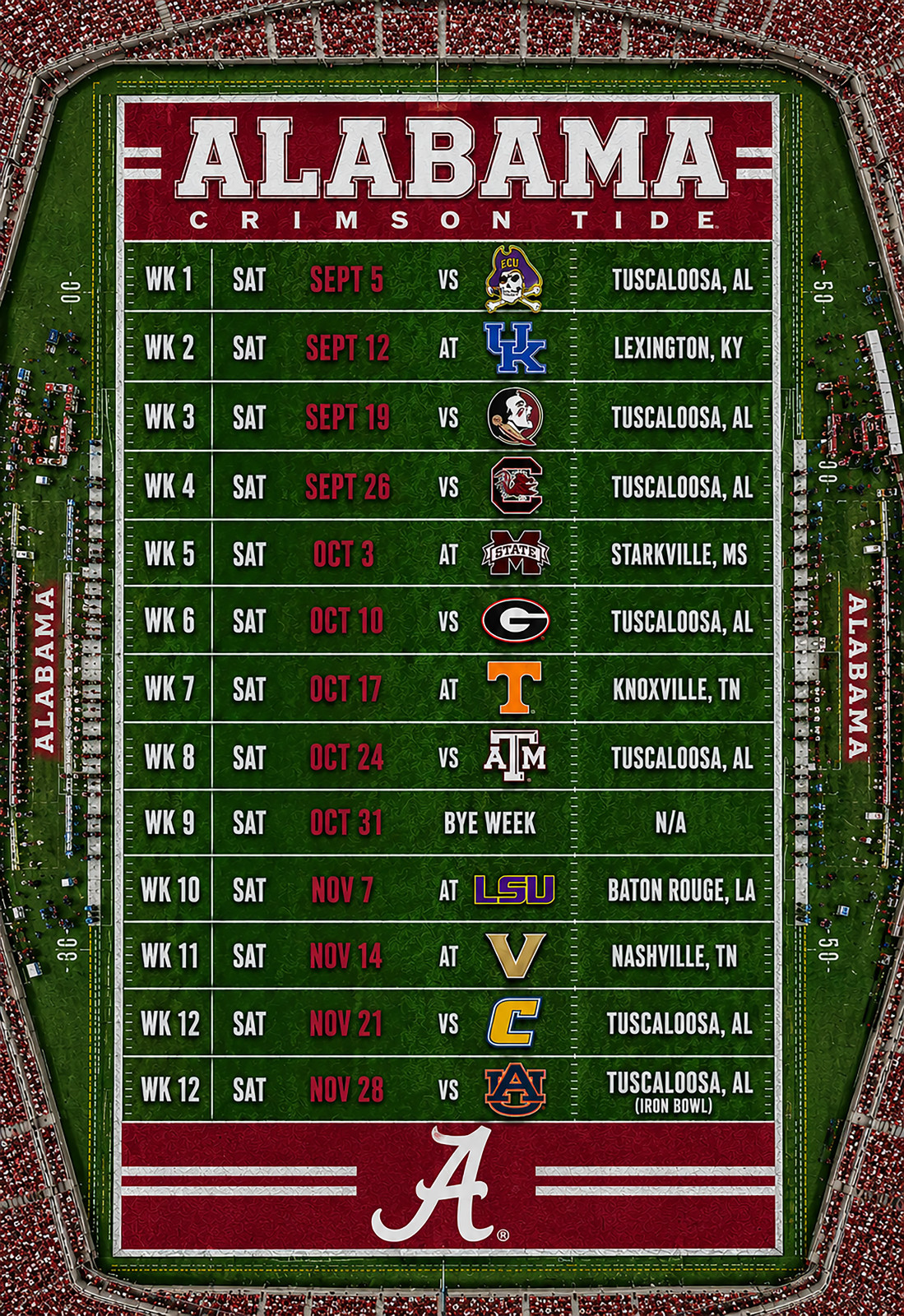 Alabama Crimson Tide 2026 Football Schedule Poster Multiple Sizes Avail. V2 RTR!