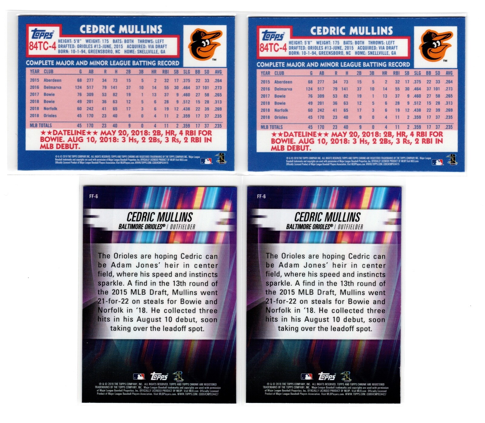 Cedric Mullins 2x 2019 Topps Chrome 84TC-4 1st RC 2x FF-6 1st RC Refractors Lot