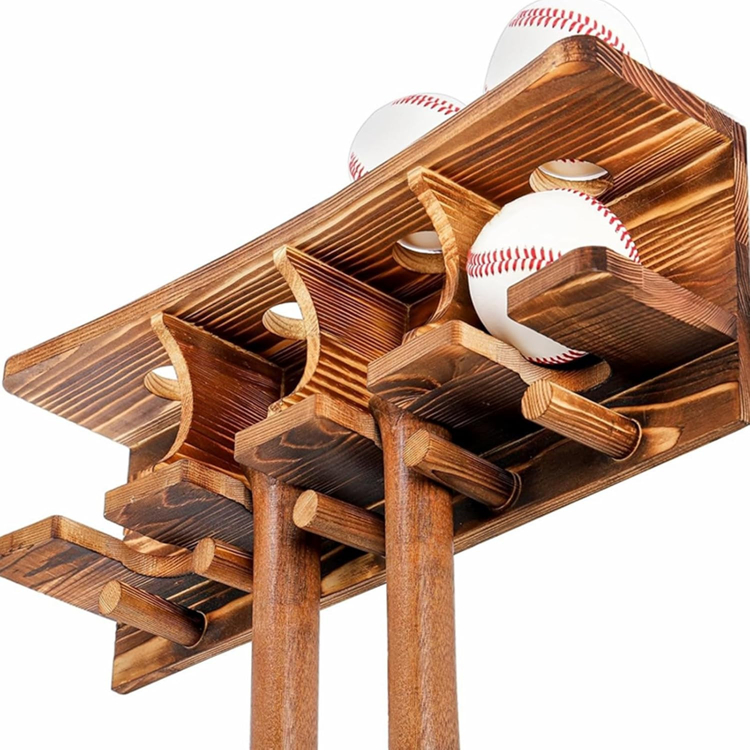 Wood Baseball Bat Holder and Ball Display Shelf Wall Mounted, Sports Memorabilia