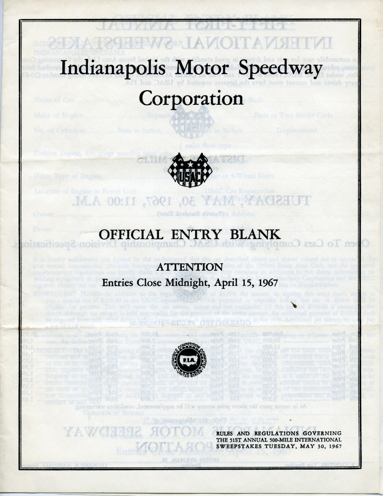 Indy 500 1967 OFFICIAL ENTRY BLANK RULES AND REGULATIONS