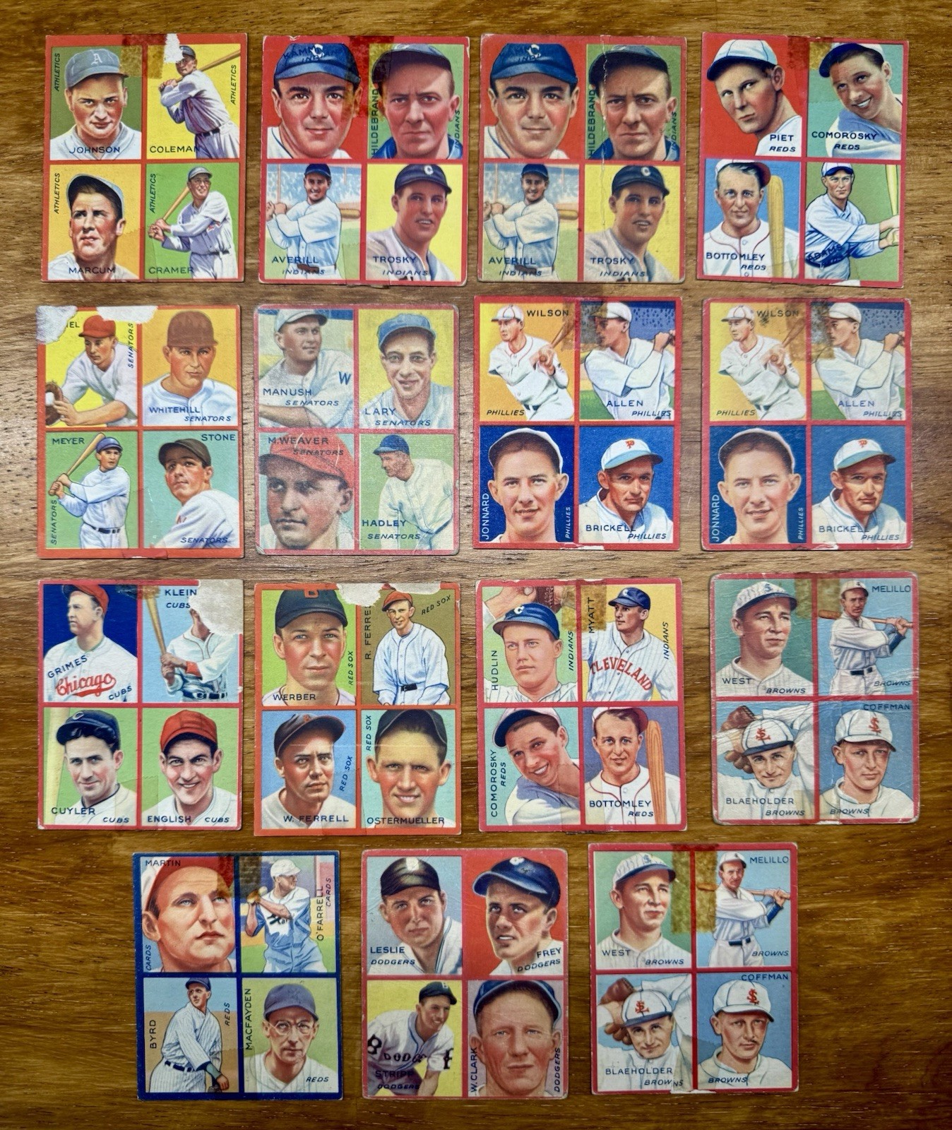 1935 Goudey 4-In-1 Baseball Lot of 15 Earl Averill Heinie Manush HOF, Low Grade