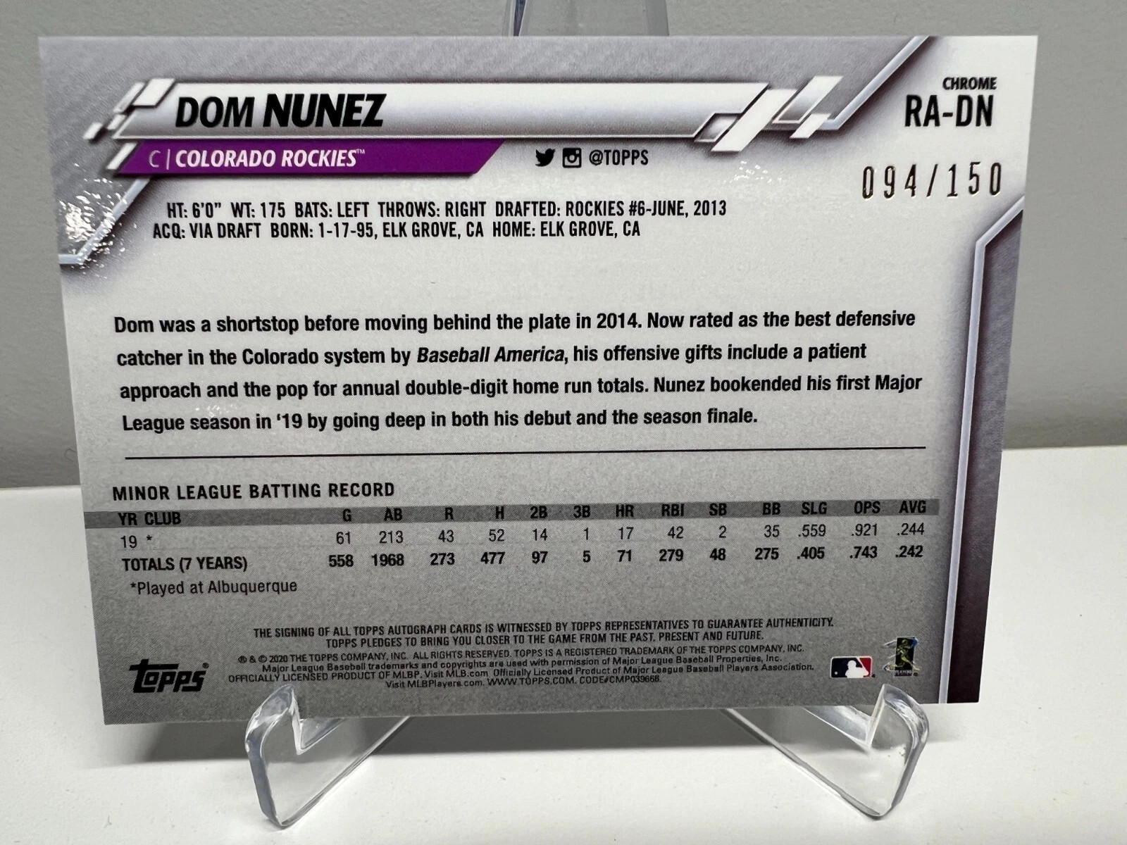 Dom Nunez 2020 Topps Chrome Blue Wave Refractor Auto RC /150 #RA-DN Rockies