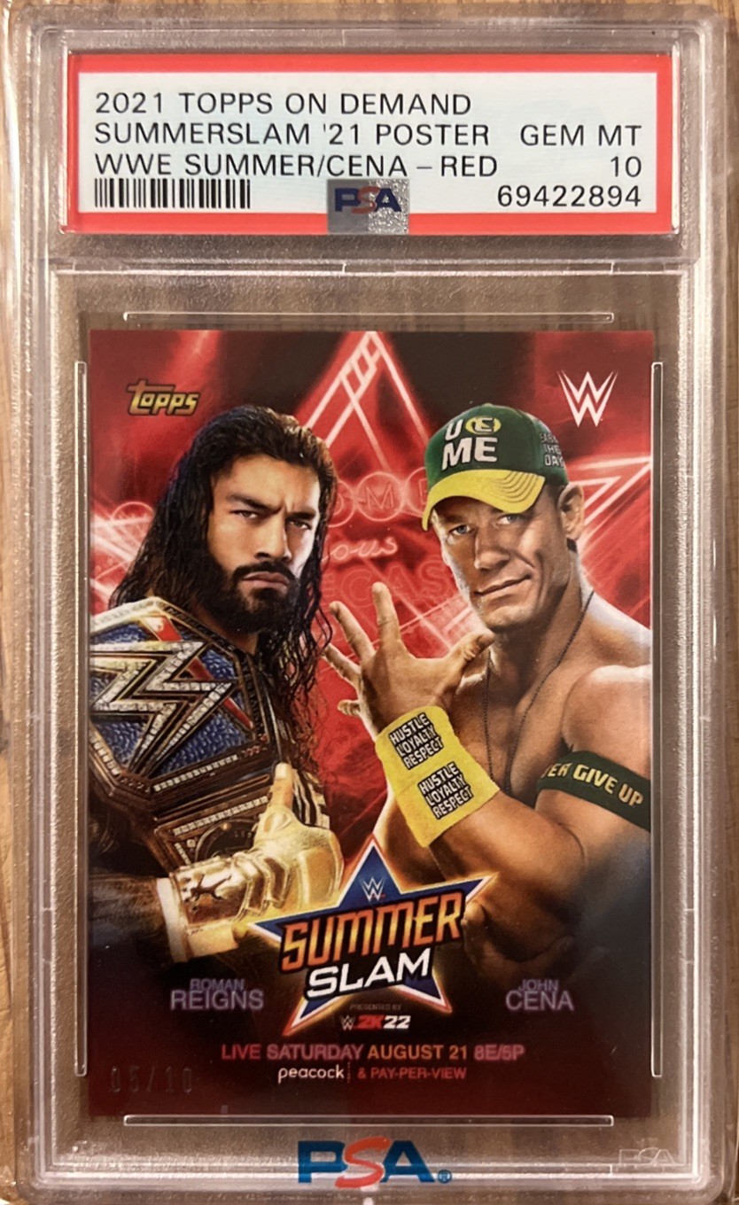 Roman Reigns John Cena /10 PSA 10 2021 Topps On Demand WWE Summerslam Poster Red